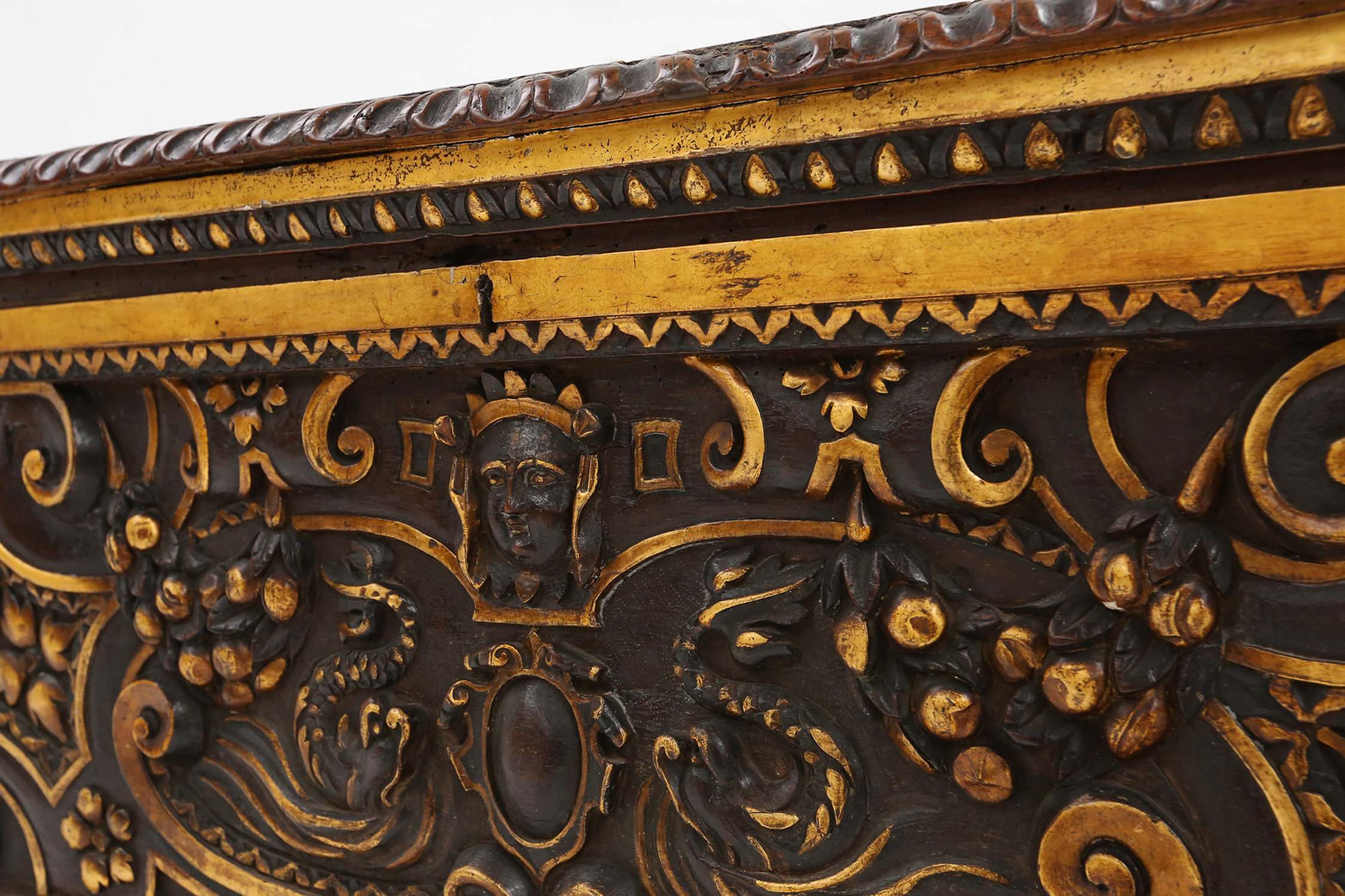 Large 16th century carved and polychroom painted oak Venetian chest, Italythumbnail